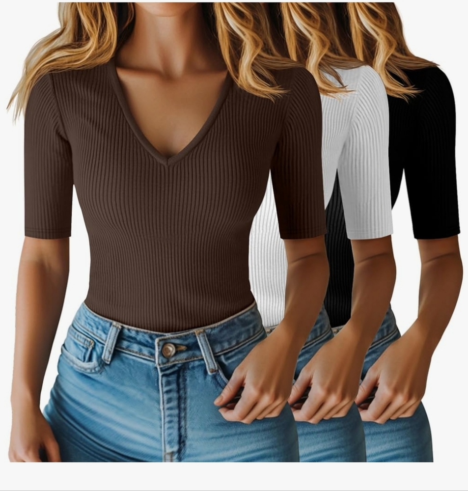 Elegant V-Neck Ribbed Bodysuit - Brown, White, Black